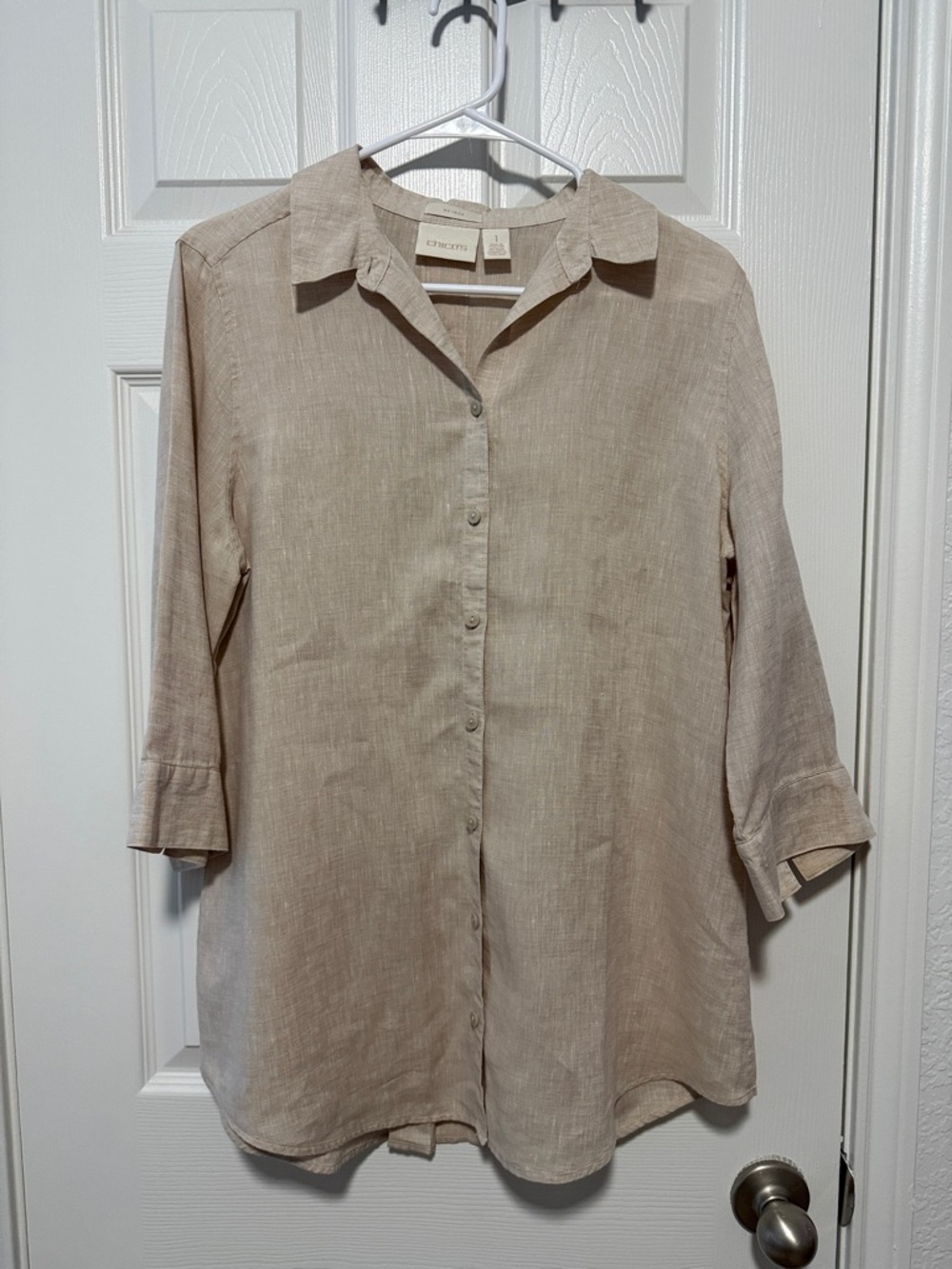 EUC 100% LINEN BEIGE 3/4 SLEEVE BUTTON DOWN (CHICOS SIZE 1) REGULAR SIZE MEDIUM